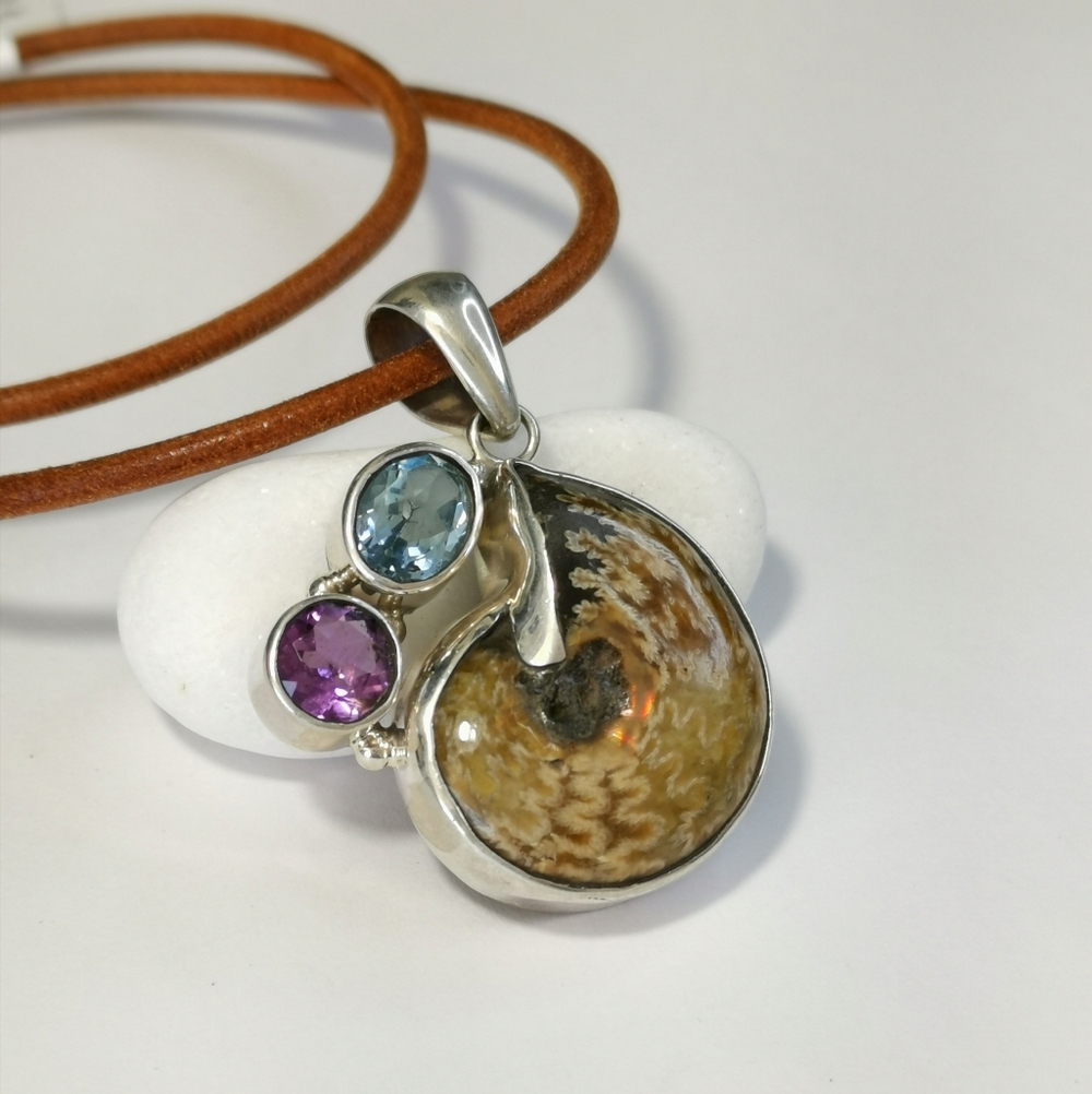 Ammonite Fossil Blue Topaz Amethyst pendant in Sterling Silver